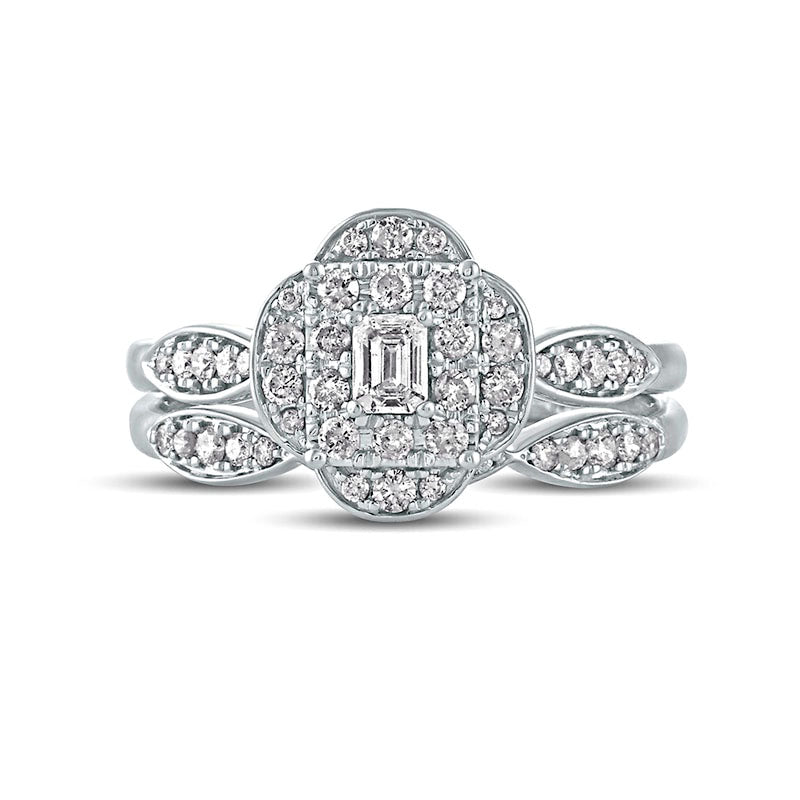 0.63 CT. T.W. Emerald-Cut Natural Diamond Quatrefoil Frame Art-Deco Bridal Engagement Ring Set in Solid 10K White Gold