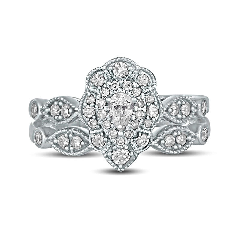 0.63 CT. T.W. Pear-Shaped Natural Diamond Double Petal Frame Antique Vintage-Style Bridal Engagement Ring Set in Solid 10K White Gold