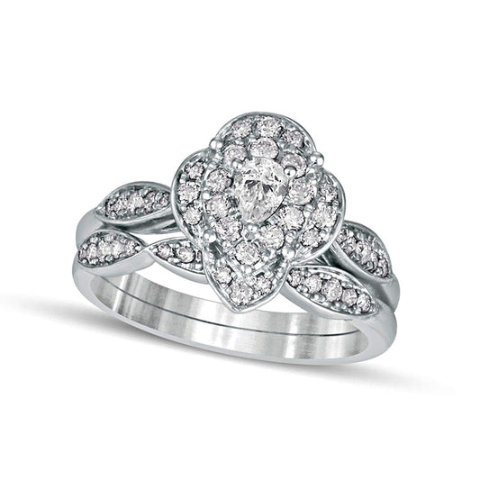 0.63 CT. T.W. Pear-Shaped Natural Diamond Quatrefoil Frame Art Deco Bridal Engagement Ring Set in Solid 10K White Gold