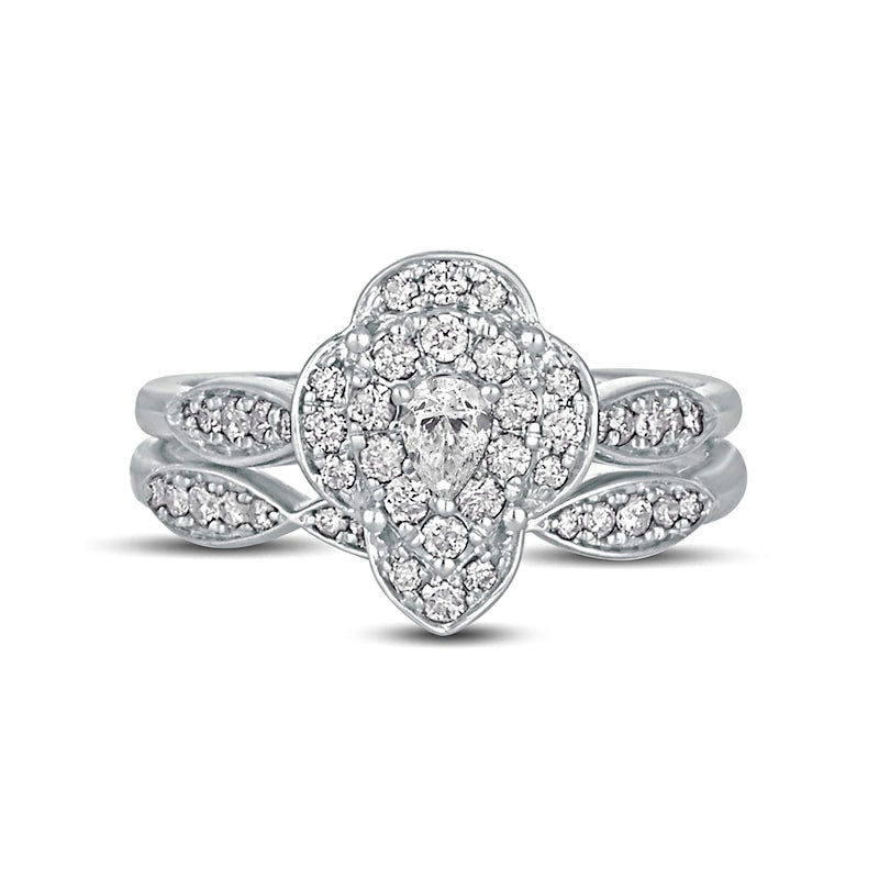 0.63 CT. T.W. Pear-Shaped Natural Diamond Quatrefoil Frame Art Deco Bridal Engagement Ring Set in Solid 10K White Gold