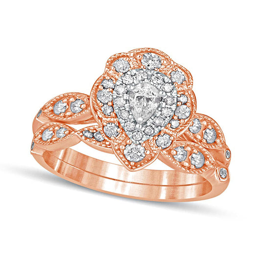 0.63 CT. T.W. Pear-Shaped Natural Diamond Double Petal Frame Antique Vintage-Style Bridal Engagement Ring Set in Solid 10K Rose Gold