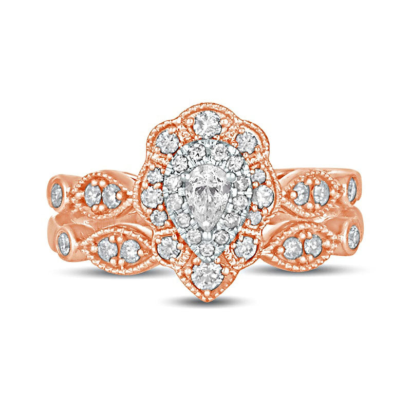 0.63 CT. T.W. Pear-Shaped Natural Diamond Double Petal Frame Antique Vintage-Style Bridal Engagement Ring Set in Solid 10K Rose Gold