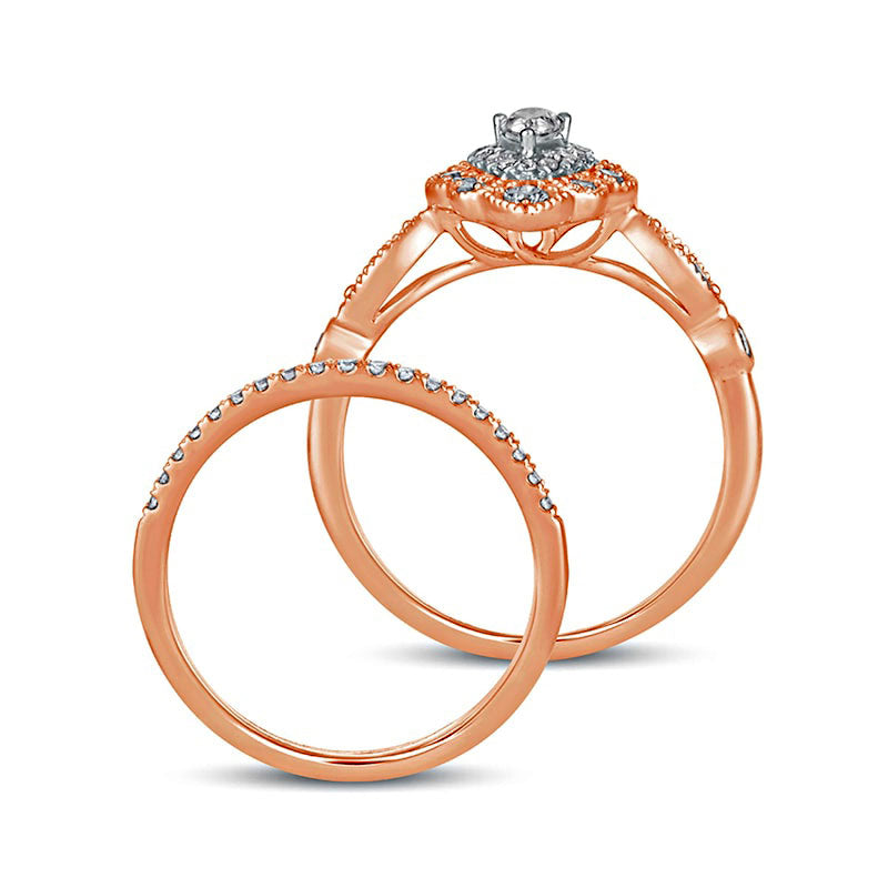 0.63 CT. T.W. Pear-Shaped Natural Diamond Double Petal Frame Antique Vintage-Style Bridal Engagement Ring Set in Solid 10K Rose Gold