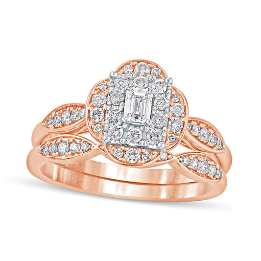 0.63 CT. T.W. Emerald-Cut Natural Diamond Quatrefoil Frame Art Deco Bridal Engagement Ring Set in Solid 10K Rose Gold