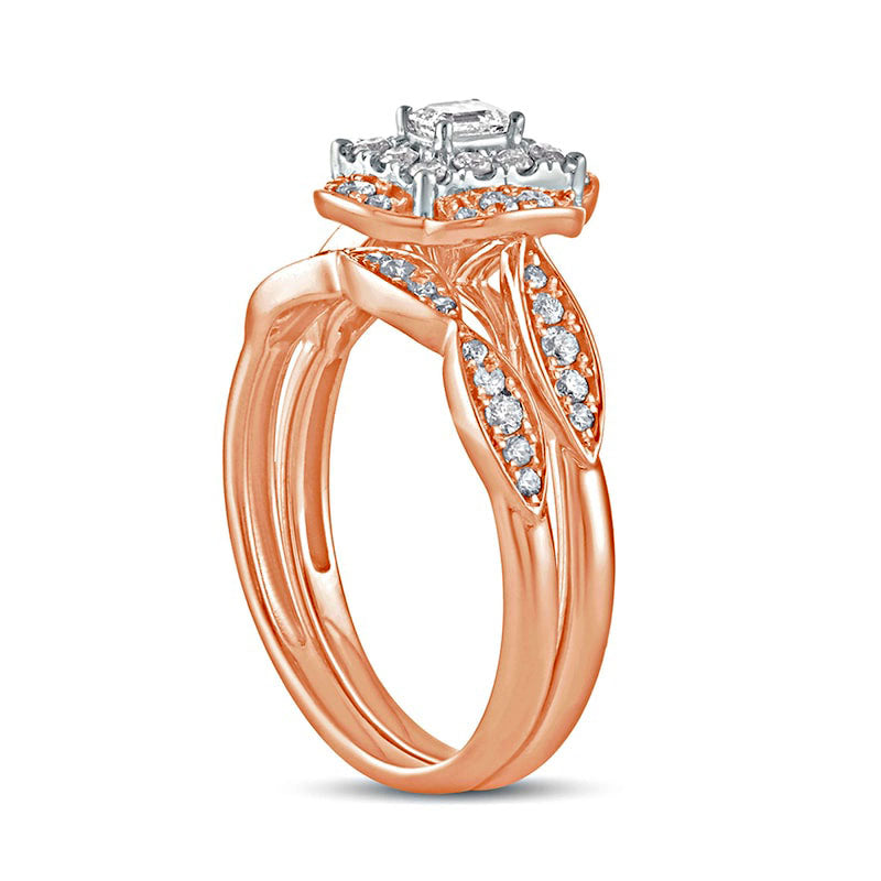 0.63 CT. T.W. Emerald-Cut Natural Diamond Quatrefoil Frame Art Deco Bridal Engagement Ring Set in Solid 10K Rose Gold