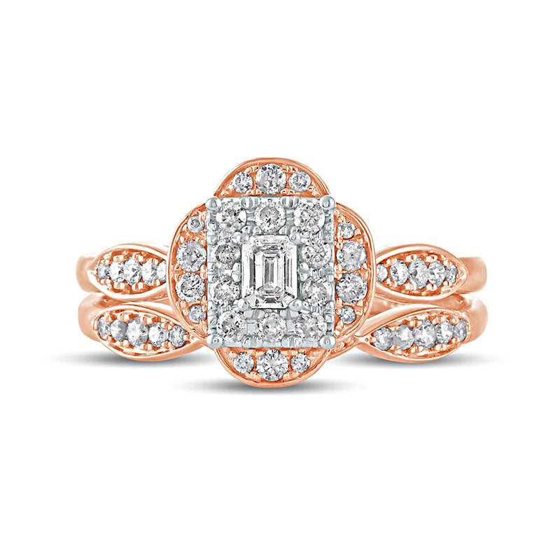 0.63 CT. T.W. Emerald-Cut Natural Diamond Quatrefoil Frame Art Deco Bridal Engagement Ring Set in Solid 10K Rose Gold