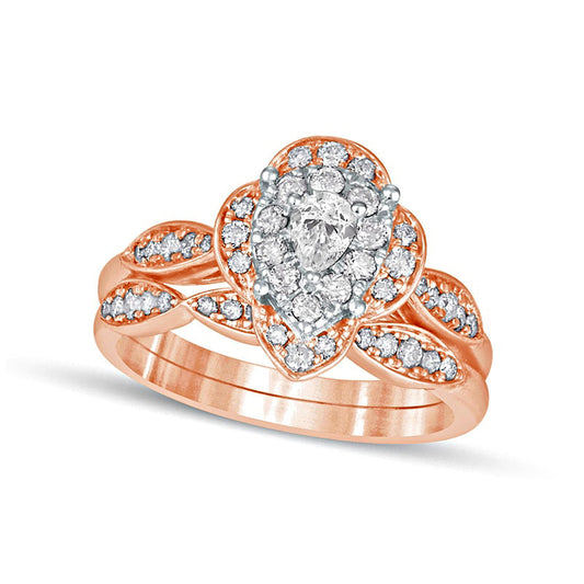 0.63 CT. T.W. Pear-Shaped Natural Diamond Quatrefoil Frame Art Deco Bridal Engagement Ring Set in Solid 10K Rose Gold