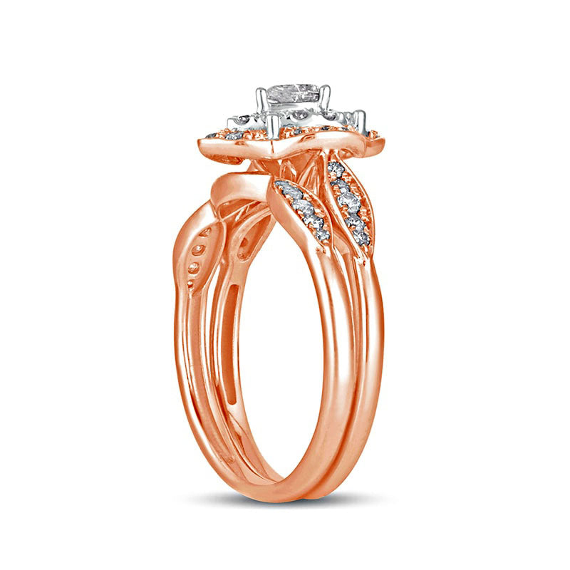 0.63 CT. T.W. Pear-Shaped Natural Diamond Quatrefoil Frame Art Deco Bridal Engagement Ring Set in Solid 10K Rose Gold