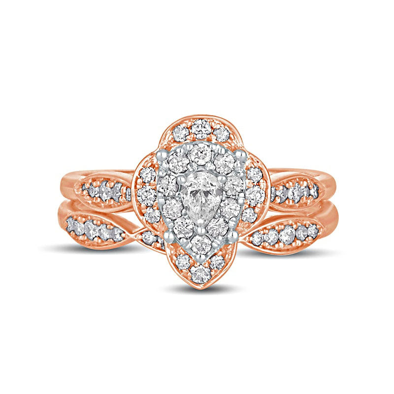 0.63 CT. T.W. Pear-Shaped Natural Diamond Quatrefoil Frame Art Deco Bridal Engagement Ring Set in Solid 10K Rose Gold