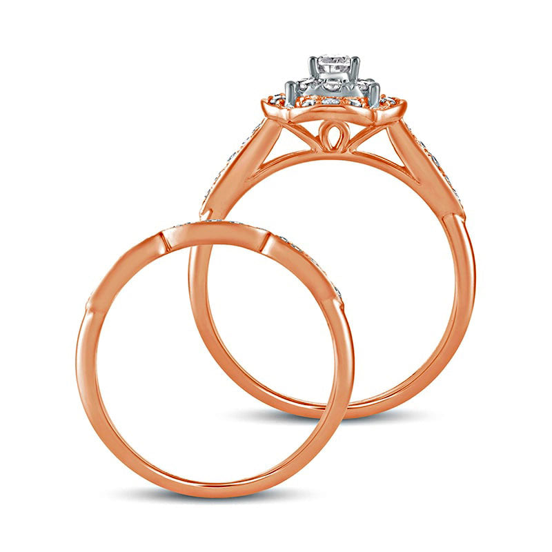 0.63 CT. T.W. Pear-Shaped Natural Diamond Quatrefoil Frame Art Deco Bridal Engagement Ring Set in Solid 10K Rose Gold