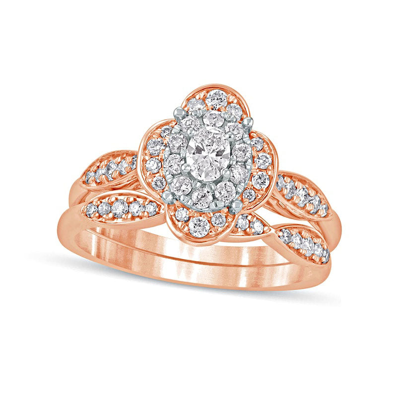 0.63 CT. T.W. Oval Natural Diamond Quatrefoil Frame Art Deco Bridal Engagement Ring Set in Solid 10K Rose Gold