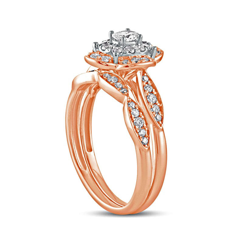 0.63 CT. T.W. Oval Natural Diamond Quatrefoil Frame Art Deco Bridal Engagement Ring Set in Solid 10K Rose Gold