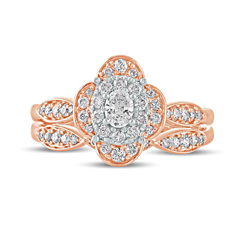 0.63 CT. T.W. Oval Natural Diamond Quatrefoil Frame Art Deco Bridal Engagement Ring Set in Solid 10K Rose Gold