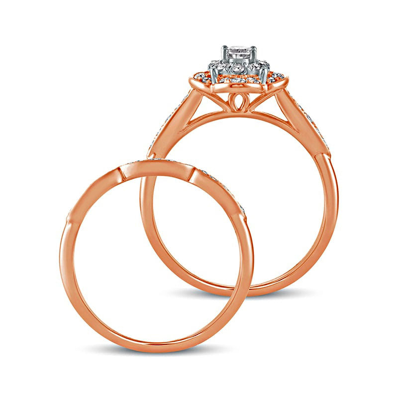 0.63 CT. T.W. Oval Natural Diamond Quatrefoil Frame Art Deco Bridal Engagement Ring Set in Solid 10K Rose Gold