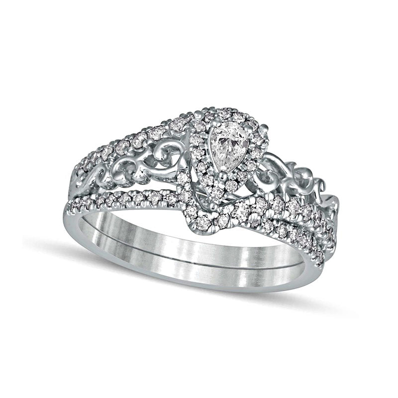 0.63 CT. T.W. Pear-Shaped Natural Diamond Frame Filigree Bypass Bridal Engagement Ring Set in Solid 10K White Gold