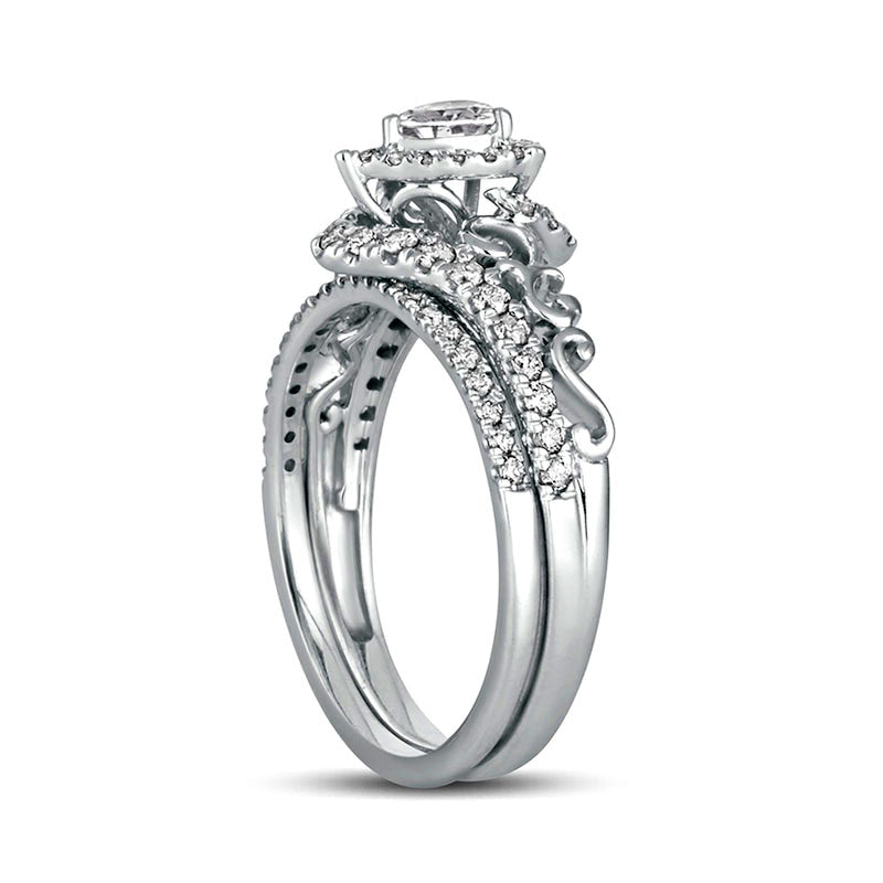 0.63 CT. T.W. Pear-Shaped Natural Diamond Frame Filigree Bypass Bridal Engagement Ring Set in Solid 10K White Gold