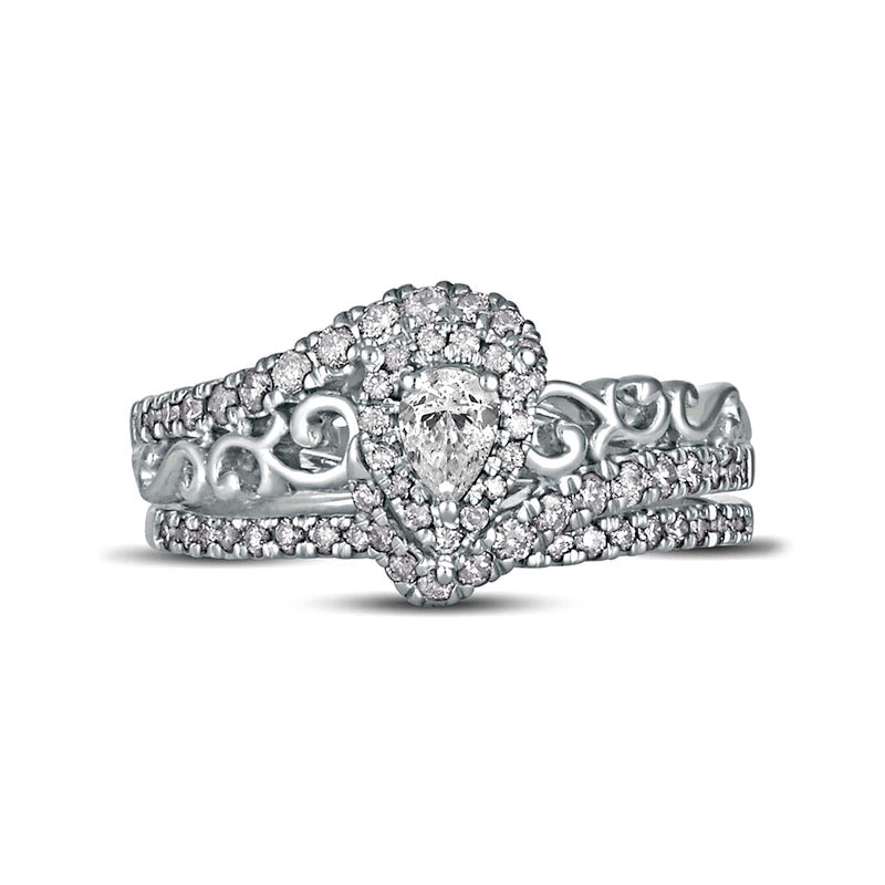 0.63 CT. T.W. Pear-Shaped Natural Diamond Frame Filigree Bypass Bridal Engagement Ring Set in Solid 10K White Gold