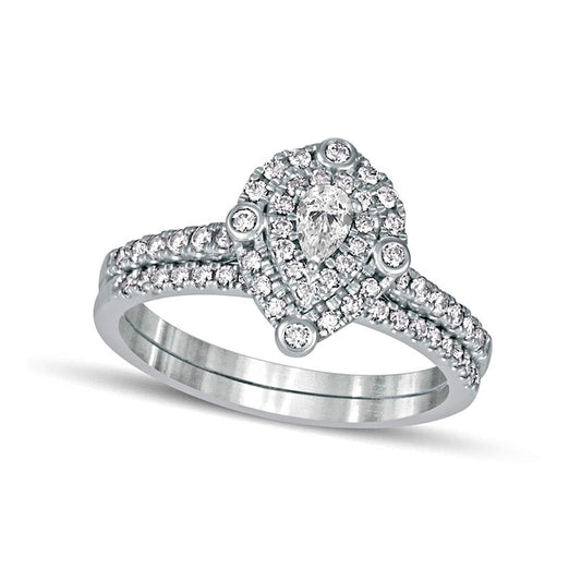 0.63 CT. T.W. Pear-Shaped Natural Diamond Double Frame Bridal Engagement Ring Set in Solid 10K White Gold