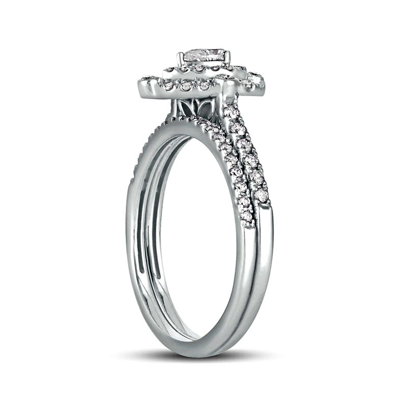 0.63 CT. T.W. Pear-Shaped Natural Diamond Double Frame Bridal Engagement Ring Set in Solid 10K White Gold