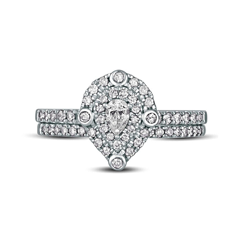 0.63 CT. T.W. Pear-Shaped Natural Diamond Double Frame Bridal Engagement Ring Set in Solid 10K White Gold