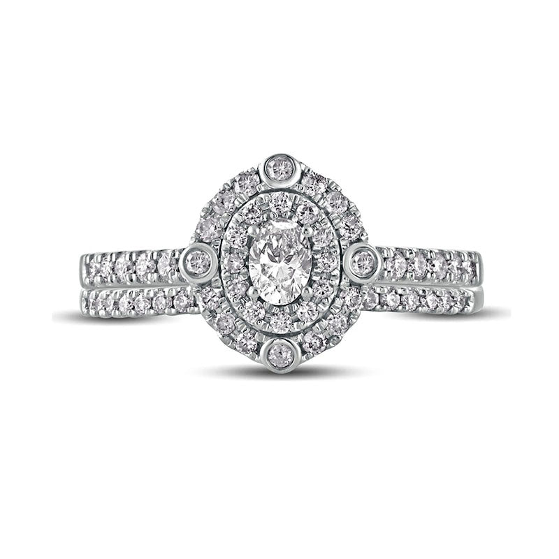 0.63 CT. T.W. Oval Natural Diamond Double Frame Bridal Engagement Ring Set in Solid 10K White Gold