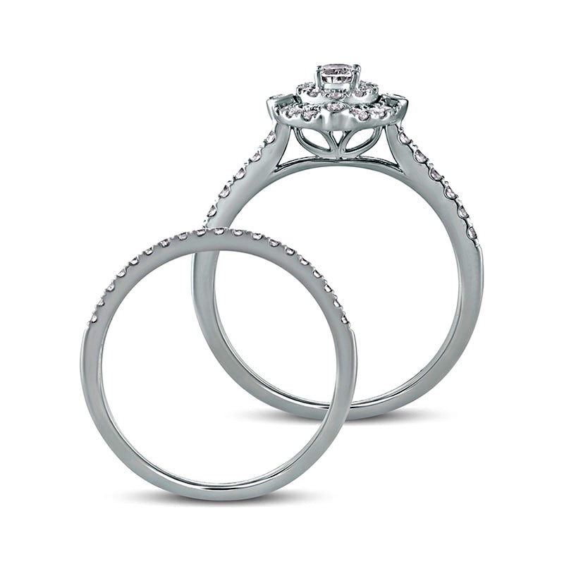 0.63 CT. T.W. Oval Natural Diamond Double Frame Bridal Engagement Ring Set in Solid 10K White Gold