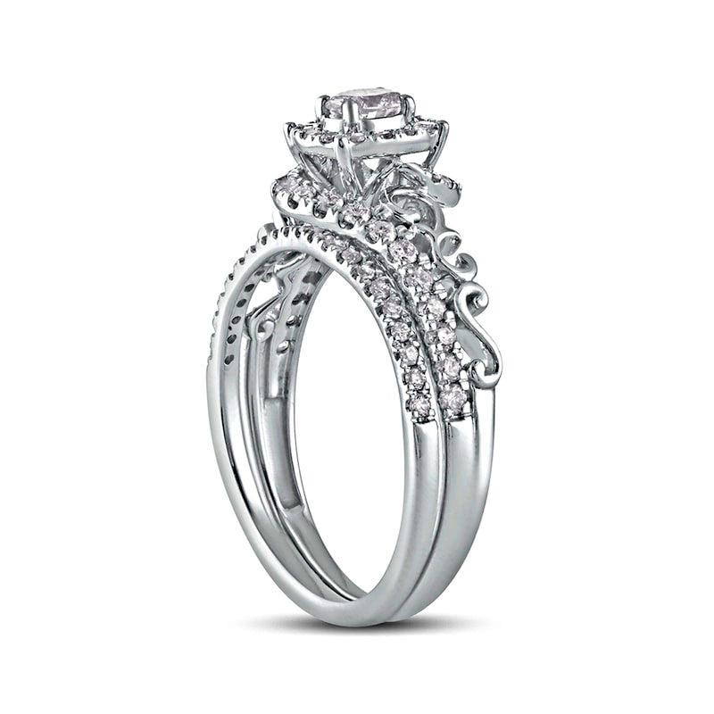 0.63 CT. T.W. Oval Natural Diamond Frame Filigree Bypass Bridal Engagement Ring Set in Solid 10K White Gold