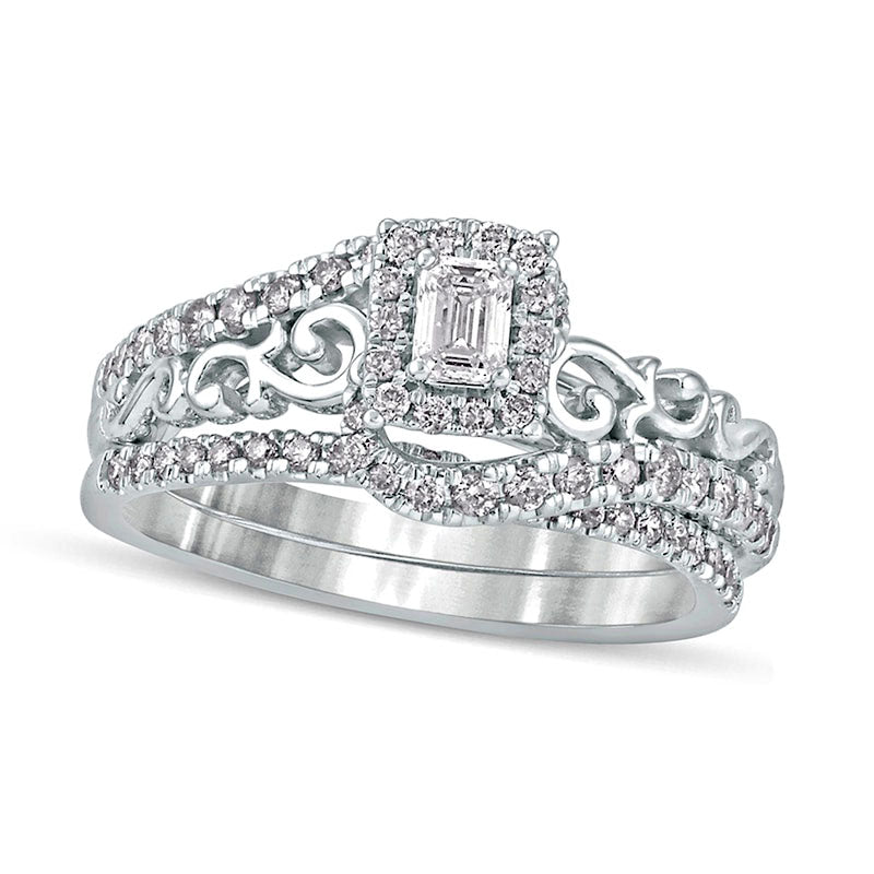 0.63 CT. T.W. Emerald-Cut Natural Diamond Frame Filigree Bypass Bridal Engagement Ring Set in Solid 10K White Gold