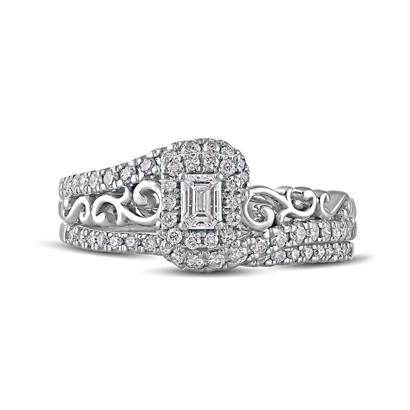 0.63 CT. T.W. Emerald-Cut Natural Diamond Frame Filigree Bypass Bridal Engagement Ring Set in Solid 10K White Gold