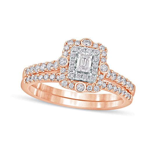 0.63 CT. T.W. Emerald-Cut Natural Diamond Double Frame Bridal Engagement Ring Set in Solid 10K Rose Gold