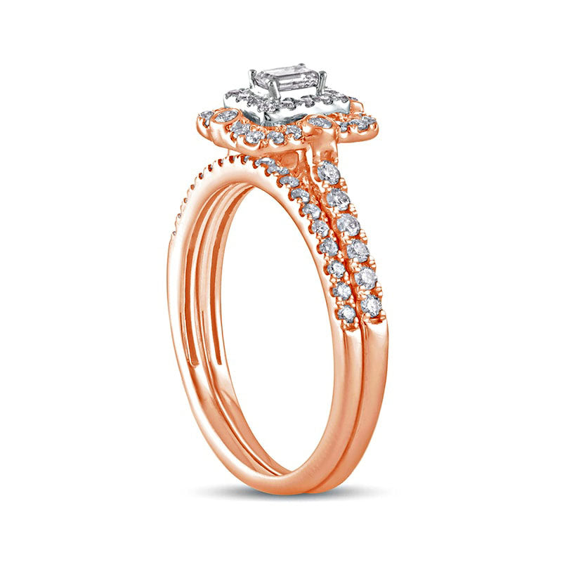 0.63 CT. T.W. Emerald-Cut Natural Diamond Double Frame Bridal Engagement Ring Set in Solid 10K Rose Gold