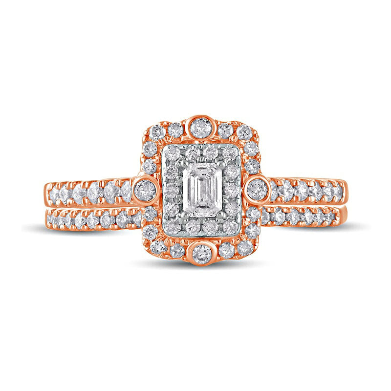 0.63 CT. T.W. Emerald-Cut Natural Diamond Double Frame Bridal Engagement Ring Set in Solid 10K Rose Gold