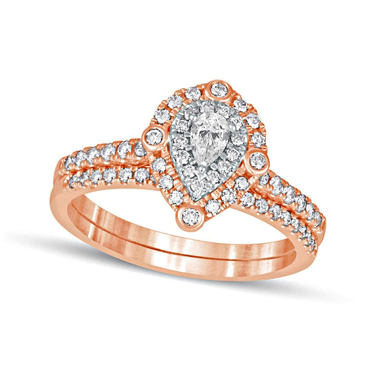 0.63 CT. T.W. Pear-Shaped Natural Diamond Double Frame Bridal Engagement Ring Set in Solid 10K Rose Gold