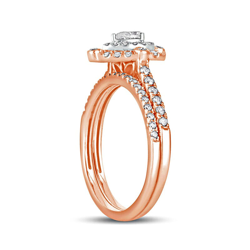 0.63 CT. T.W. Pear-Shaped Natural Diamond Double Frame Bridal Engagement Ring Set in Solid 10K Rose Gold