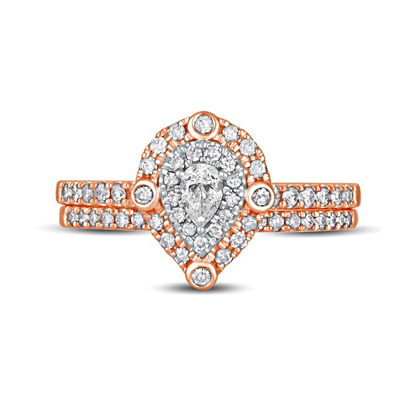 0.63 CT. T.W. Pear-Shaped Natural Diamond Double Frame Bridal Engagement Ring Set in Solid 10K Rose Gold