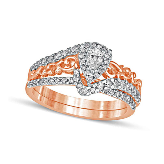 0.63 CT. T.W. Pear-Shaped Natural Diamond Double Frame Filigree Bypass Bridal Engagement Ring Set in Solid 10K Rose Gold