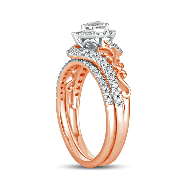 0.63 CT. T.W. Pear-Shaped Natural Diamond Double Frame Filigree Bypass Bridal Engagement Ring Set in Solid 10K Rose Gold