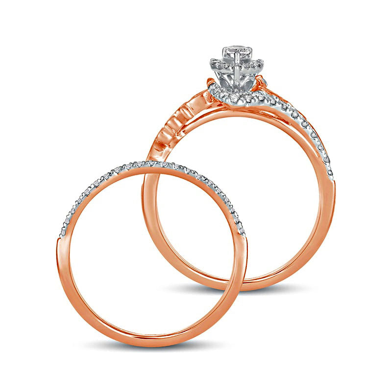 0.63 CT. T.W. Pear-Shaped Natural Diamond Double Frame Filigree Bypass Bridal Engagement Ring Set in Solid 10K Rose Gold