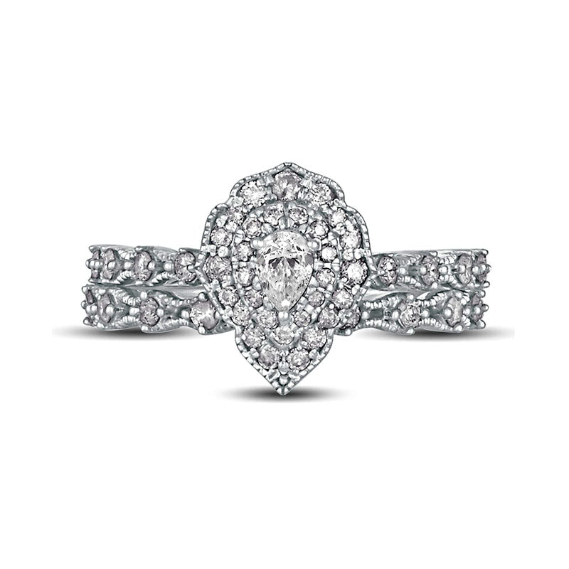 0.63 CT. T.W. Pear-Shaped Natural Diamond Double Frame Antique Vintage-Style Bridal Engagement Ring Set in Solid 10K White Gold