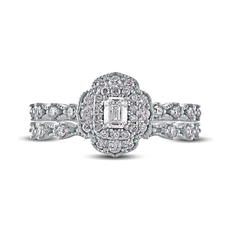 0.63 CT. T.W. Emerald-Cut Natural Diamond Frame Antique Vintage-Style Bridal Engagement Ring Set in Solid 10K White Gold