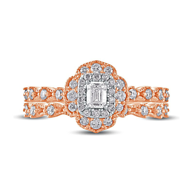 0.63 CT. T.W. Emerald-Cut Natural Diamond Frame Antique Vintage-Style Bridal Engagement Ring Set in Solid 10K Rose Gold