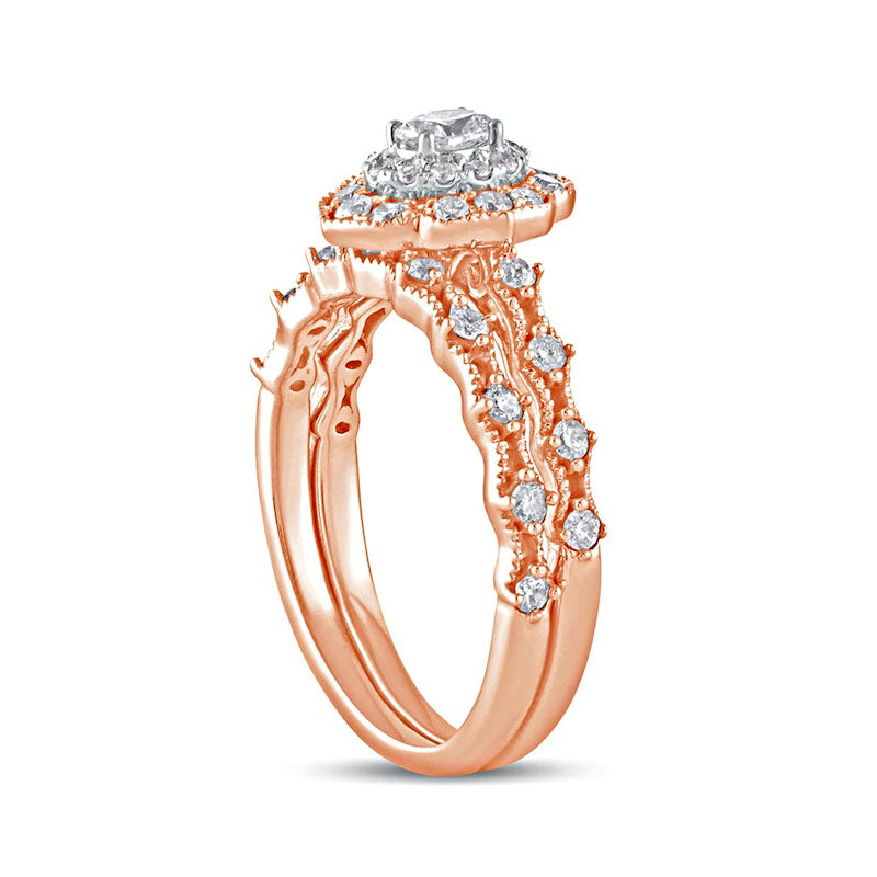 0.63 CT. T.W. Oval Natural Diamond Frame Antique Vintage-Style Bridal Engagement Ring Set in Solid 10K Rose Gold