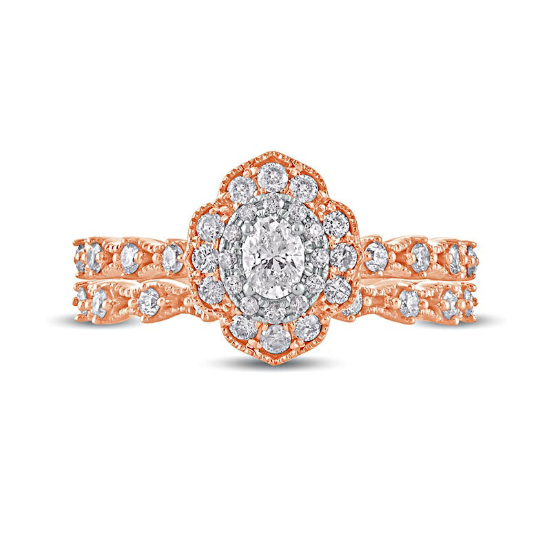 0.63 CT. T.W. Oval Natural Diamond Frame Antique Vintage-Style Bridal Engagement Ring Set in Solid 10K Rose Gold