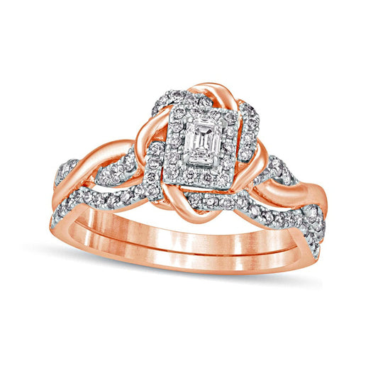 0.63 CT. T.W. Emerald-Cut Natural Diamond Frame Twist Shank Bridal Engagement Ring Set in Solid 10K Rose Gold