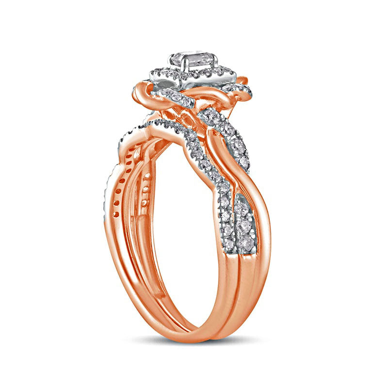 0.63 CT. T.W. Emerald-Cut Natural Diamond Frame Twist Shank Bridal Engagement Ring Set in Solid 10K Rose Gold