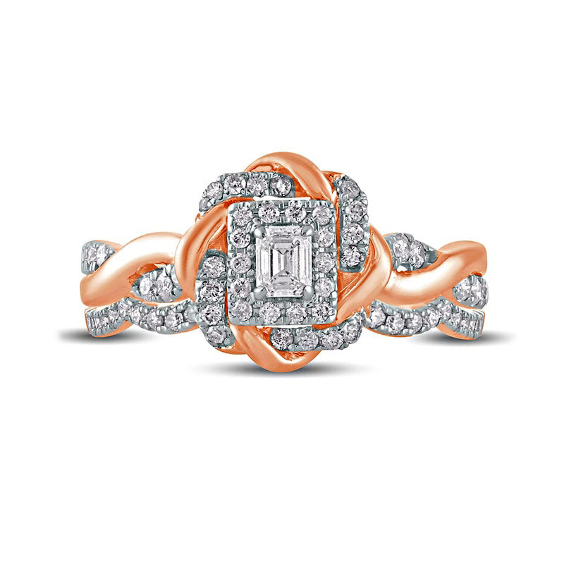 0.63 CT. T.W. Emerald-Cut Natural Diamond Frame Twist Shank Bridal Engagement Ring Set in Solid 10K Rose Gold