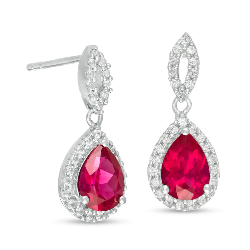 Pear-Shaped Lab-Created Ruby and White Sapphire Frame Teardrop Earrings in Sterling Silver