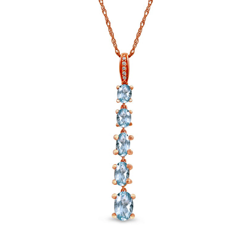 Oval Aquamarine and Natural Diamond Accent Graduated Linear Five Stone Drop Pendant in 10K Rose Gold