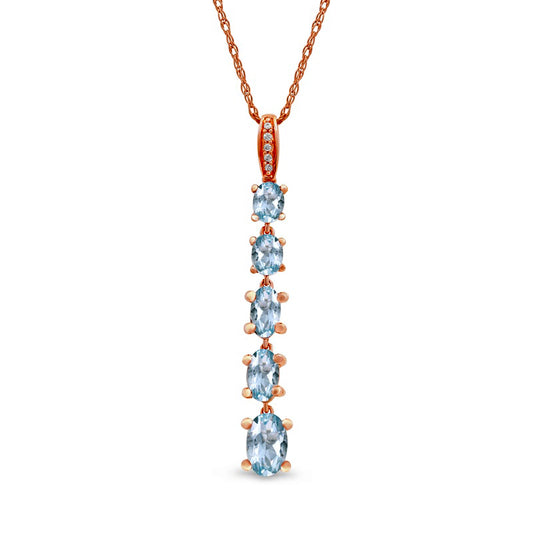 Oval Aquamarine and Natural Diamond Accent Graduated Linear Five Stone Drop Pendant in 10K Rose Gold