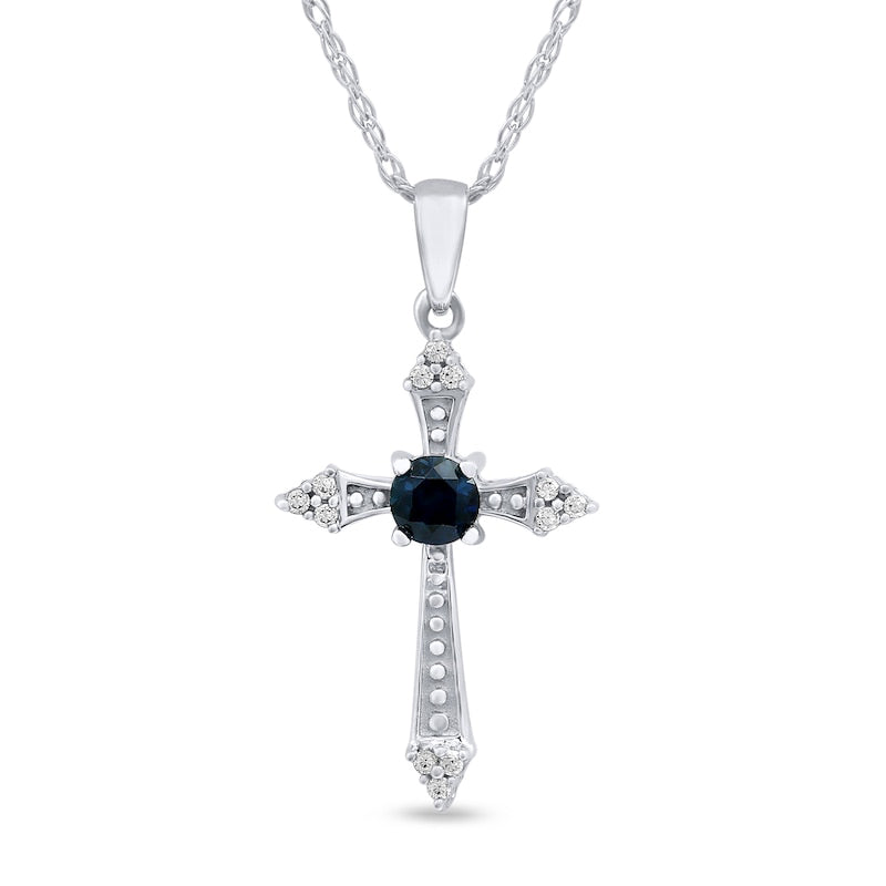 3.0mm Blue Sapphire and Natural Diamond Accent Beaded Gothic-Style Cross Pendant in 10K White Gold